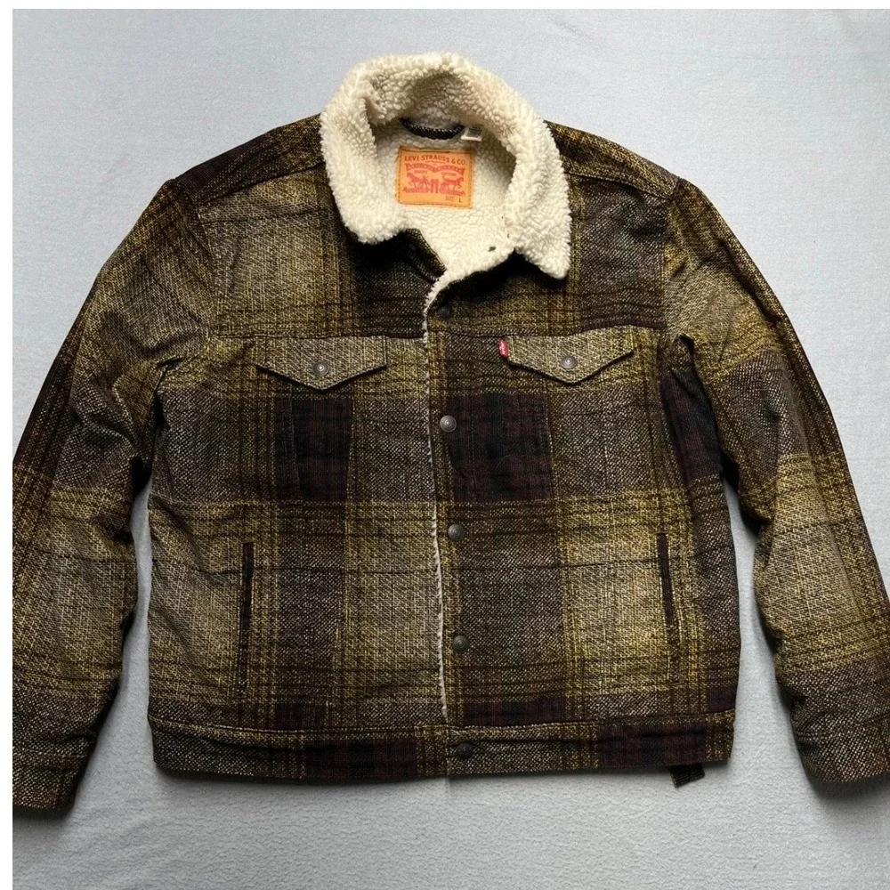 Levi's Sherpa Lined Plaid Trucker Jacket Men Large Brown Yellow Western Workwear